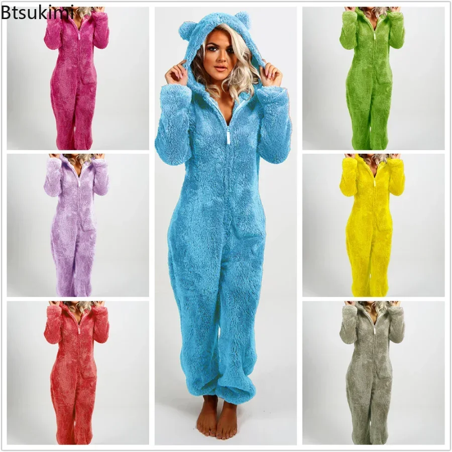 New 2025 Autumn Winter Jumpsuit One-Piece Pajamas For Women Hooded Sleepwear Coral Fleece Warm Cute Long Homewear Female Sets