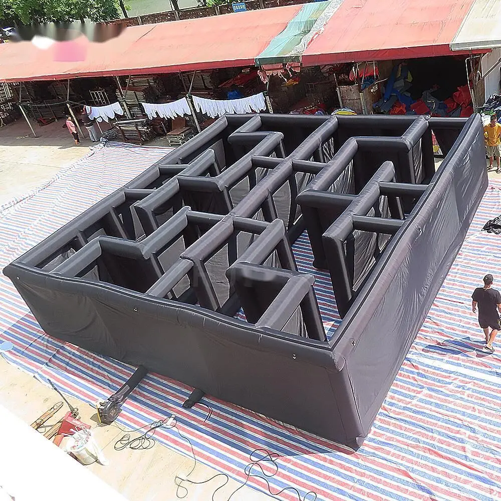 Casa assombrada inflável gigante 9x9x2m, portátil, preto, para atividades ao ar livre, laser tag, com tampa