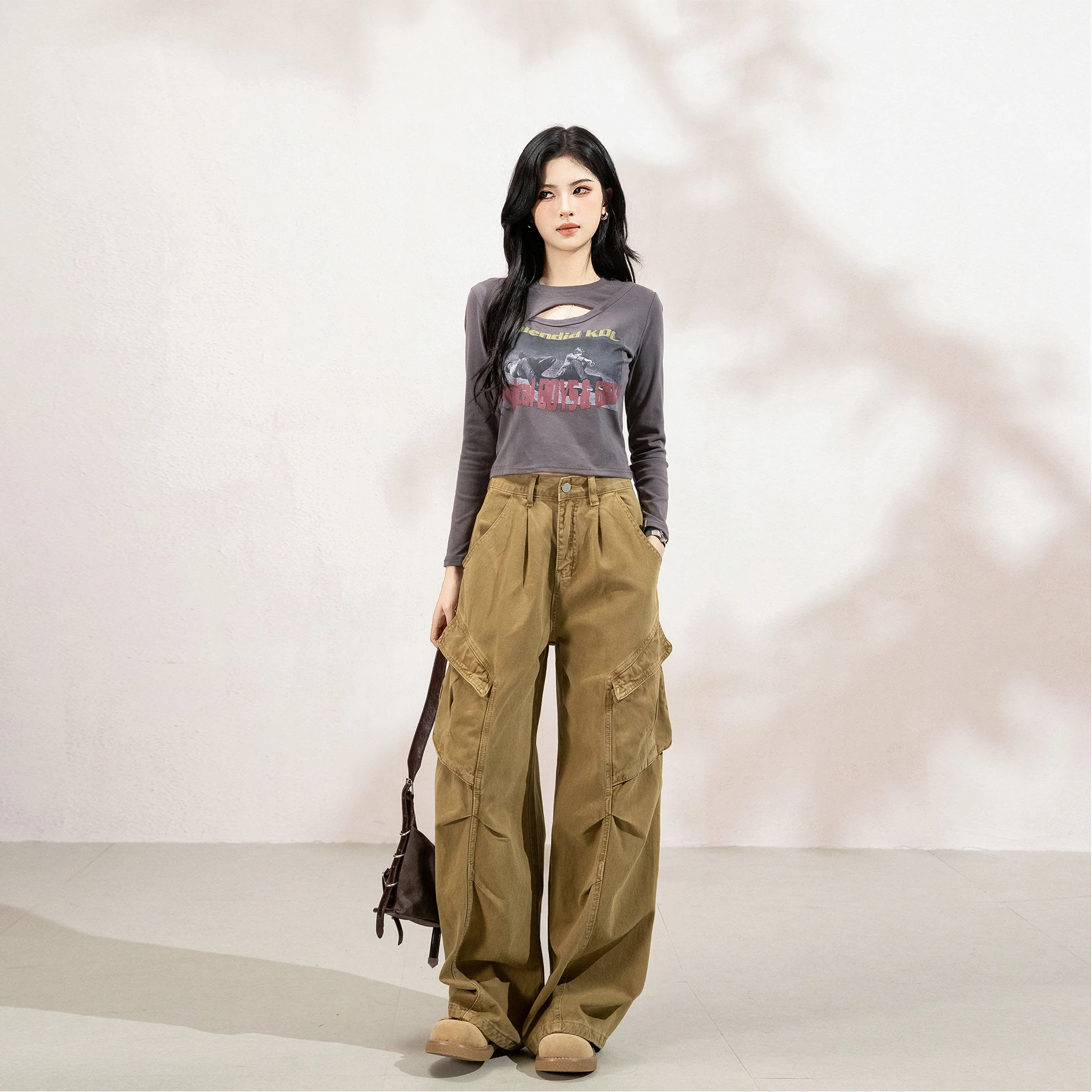 

Широкие джинсы цвета хаки в стиле ретро для женщин с сильным дизайном Свободный крой Утягивающие универсальные прямые брюки Брюки-карго