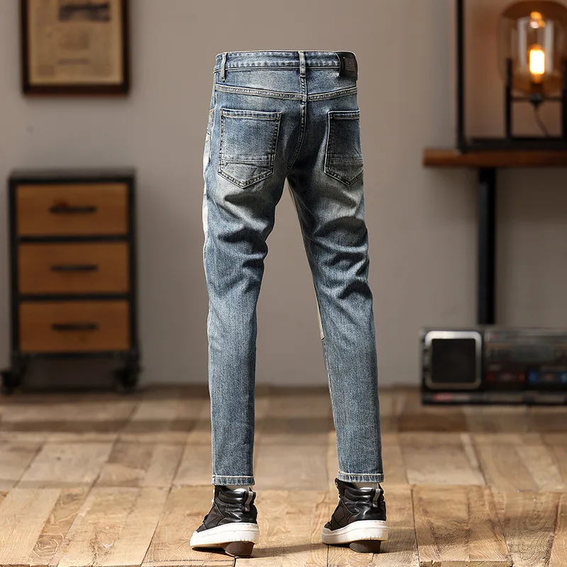 2024Cool Smart Jeans Men's Motorcycle Trendy Patchwork Fashion High-End Retro Stretch Slim Fit Skinny Pants