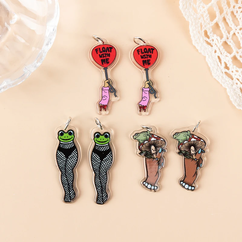 6Pcs Frog Charms Creative Acrylic Mushroom Float Win Me Balloon For Earring Necklace Keychain Diy Making