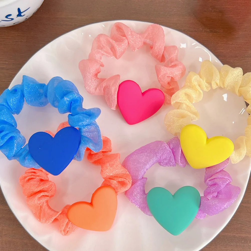 

5Pcs Heart Hair Ties Bright Colors Durable Fabric Resin Girls Elastic Hair Bands Ponytail Holders Daily Party Travel Accessories