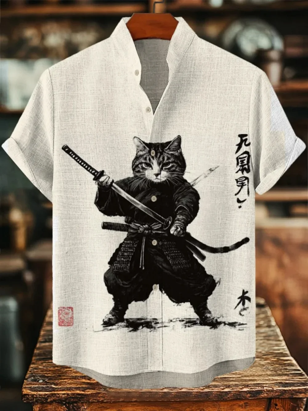 

Men's Black Cat Warrior 3D Printed Casual Shirt Short Sleeve Japanese Art Summer Hawaii Beach Fun Top for Men