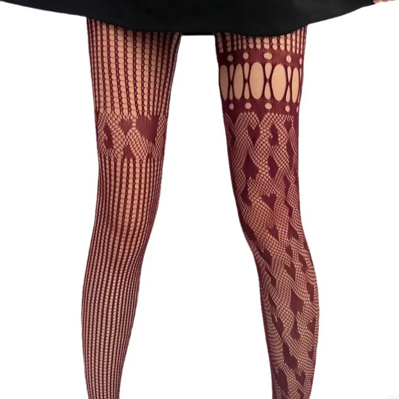 Y88A Women Sexy Fishnet Pantyhose Heart Striped Asymmetrical Lace Tights Stockings