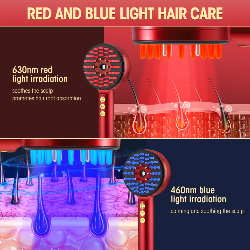 Dispositivo de masaje de cabeza eléctrico inalámbrico, luz roja y azul, cepillo para el cuidado del cuero cabelludo, vibración, microcorriente, peine de masaje para el crecimiento del cabello