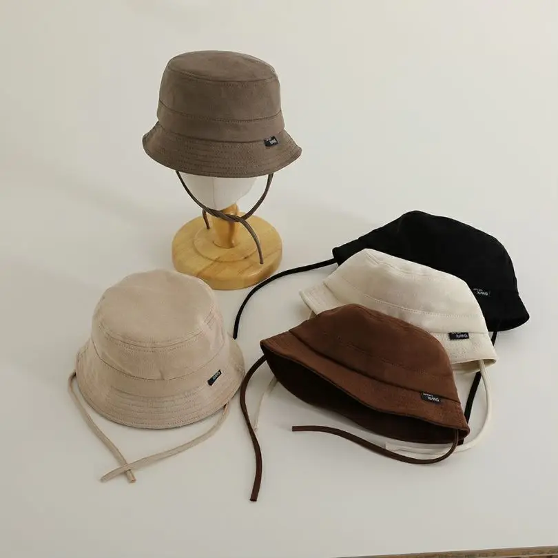 Simple Children Flat Top Fisherman Hat With Windproof Rope Kids Lace Up Basin Cap Solid Color Bucket Hats 1-4year Baby Sun Visor