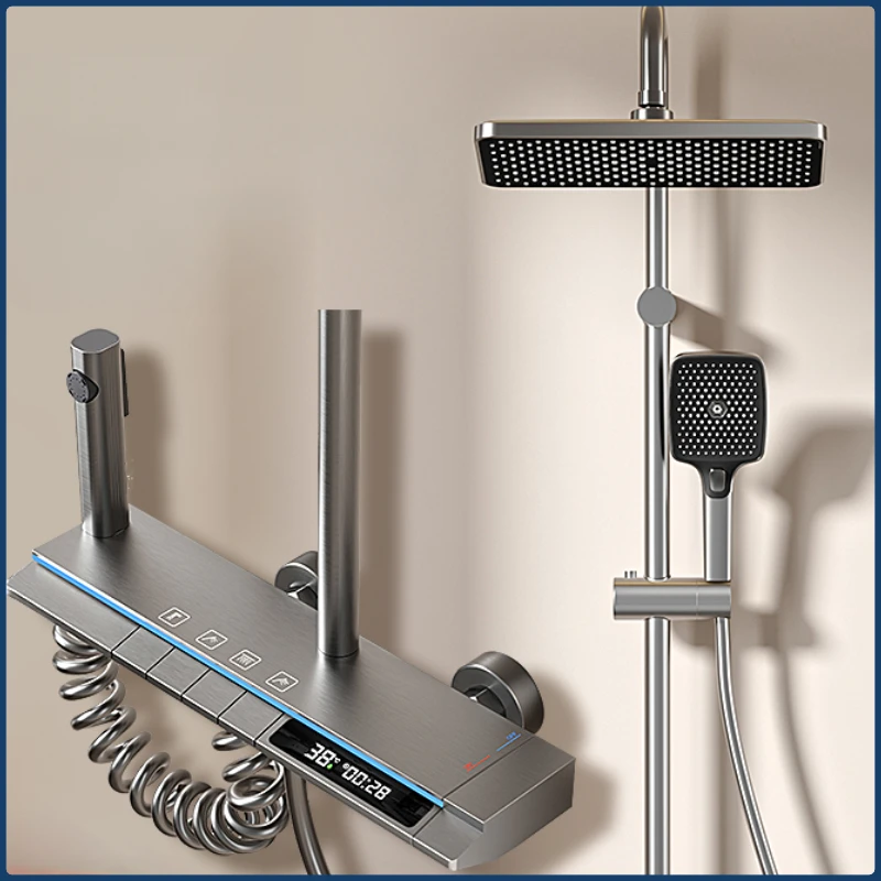 

Intelligent Temperature Digital Display Shower System Wall Mounted 4 Ways Water Outlet Rainfall Shower Faucet Set for Bathroom