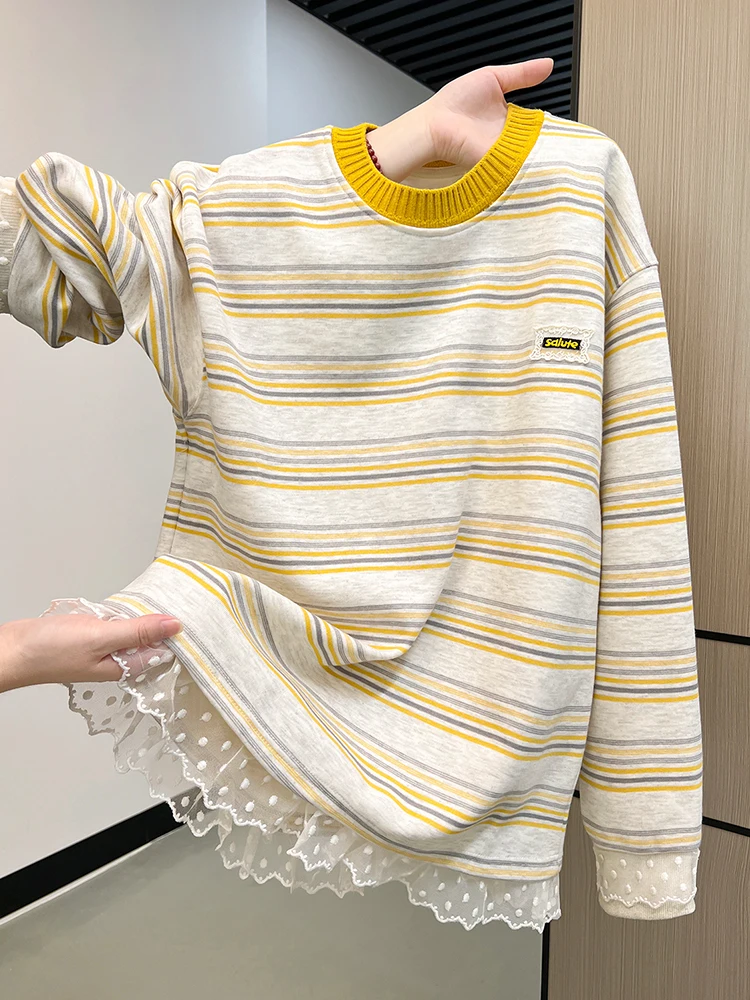 

Женская толстовка с рюшами и круглым вырезом, с длинными рукавами, в полоску, модная, для студентов, осенняя новинка