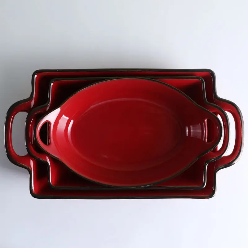 

3-Piece ceramic rectangular oval ceramic modern red double handle ceramic baking pan set