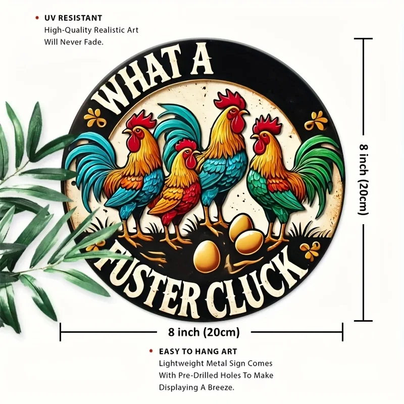 1 قطعة 8x8 بوصة "What A Fuster Cluck" علامة قصدير معدنية ملونة على شكل الديك - فن جداري دائري متين ومقاوم للرياح ومقاوم للماء من الألومنيوم
