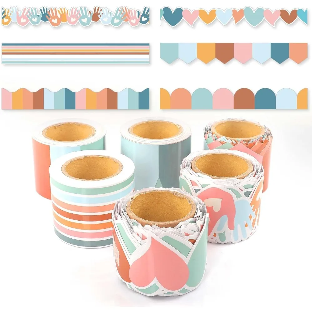 

6 рулонов, 206,69 футов, украшения для доски объявлений в стиле бохо, границы для доски объявлений для классной комнаты, радужная зубчатая отделка, разноцветные границы