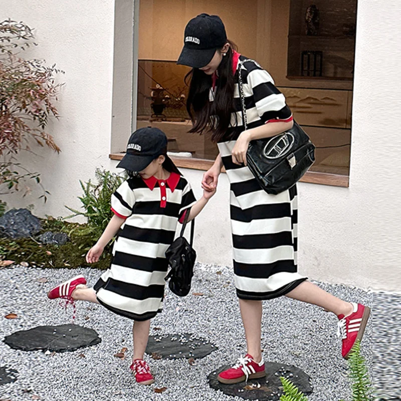 Mother-daughter Dress Parent-child Summer T-shirt Gown 2025 New Children's Striped Clothing Kids Girls Polo Shirt Loose Dresses