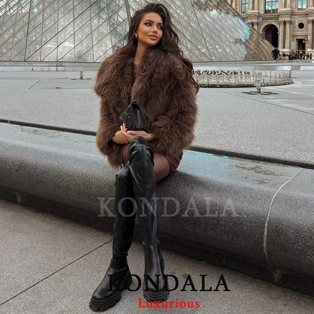 KONDALA Vintage Chic Brown Women Fur Coats Long Sleeve Turn Down Collar Overszied Jackets Fashion 2026 Thick Warm Spring Outwear