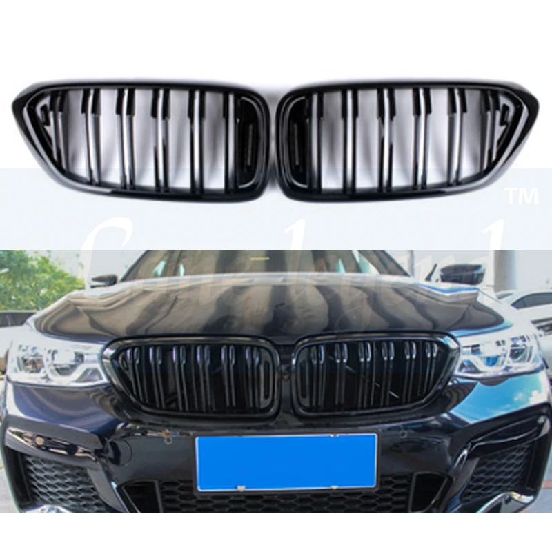 1Pair Car Glossy Matte Black Front Kidney Grill Dual Line Slat for BMW 6 Series GT G32 630I 640I 640I 620D 640D XDrive 2017-2019