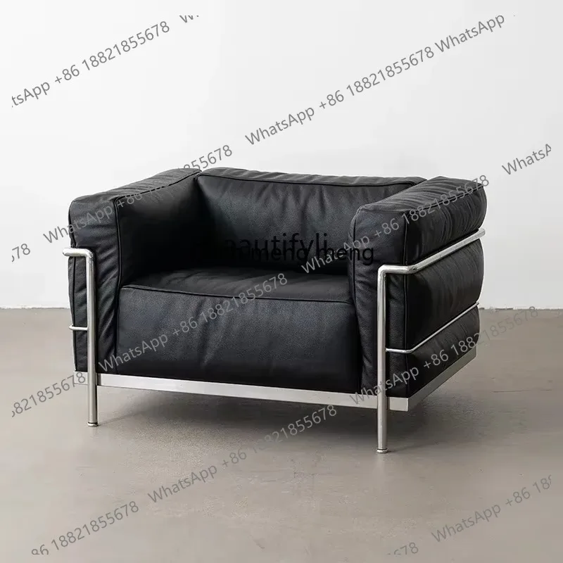 LHY26 ssss 26 Living room retro French medium and ancient style single casual linen leather sofa designer