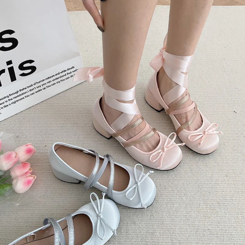 Women Cute Ballet Single Shoes Lolita Round Toe Mary Jane Shoes Fashion Ladies High Heels Cross Strap Elegant Pumps Dress Shoes