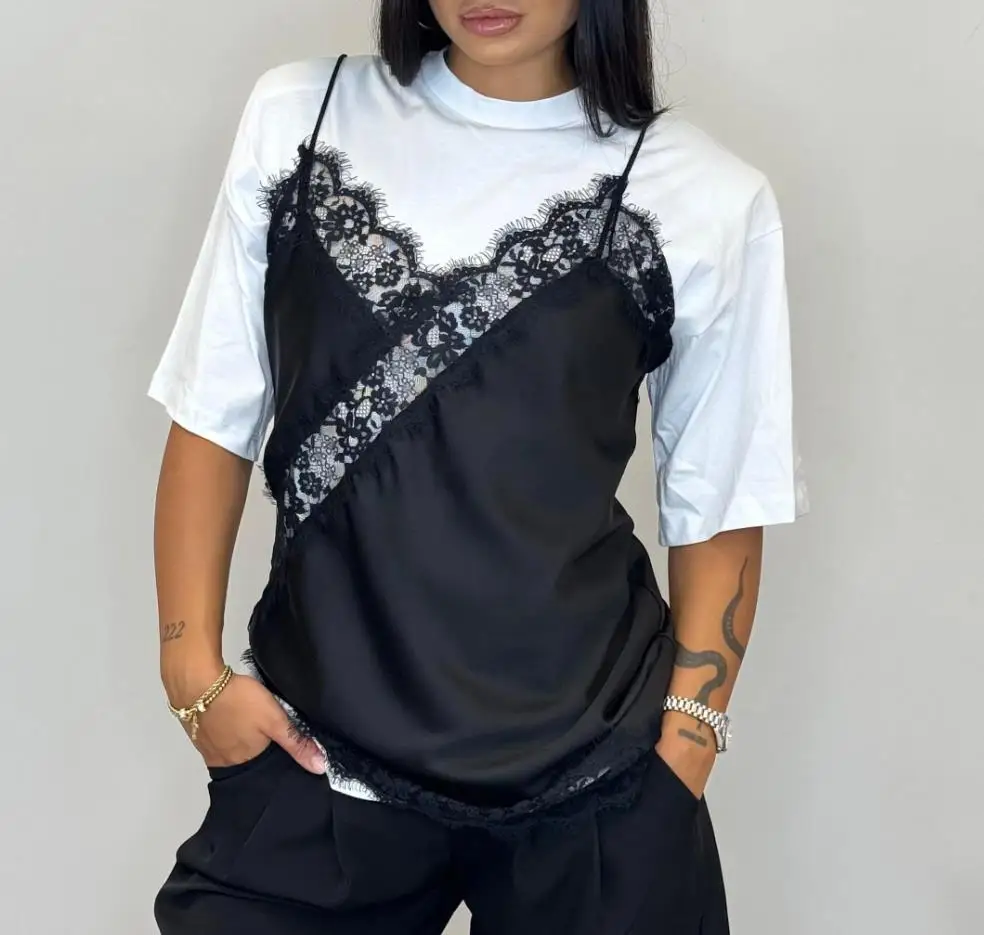 قميص قصير نسائي من الدانتيل بدون أكمام مزين بالدانتيل الأسود فوق قميص أبيض صيفي بدون أكمام للحفلات #5