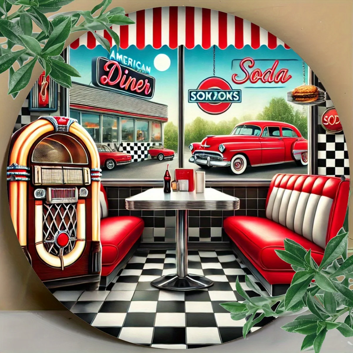Plano 2D, decoración de pared de madera para restaurante retro de los años 50, logotipo de restaurante americano retro y fuente de refresco, suelo a cuadros, 1 ud.