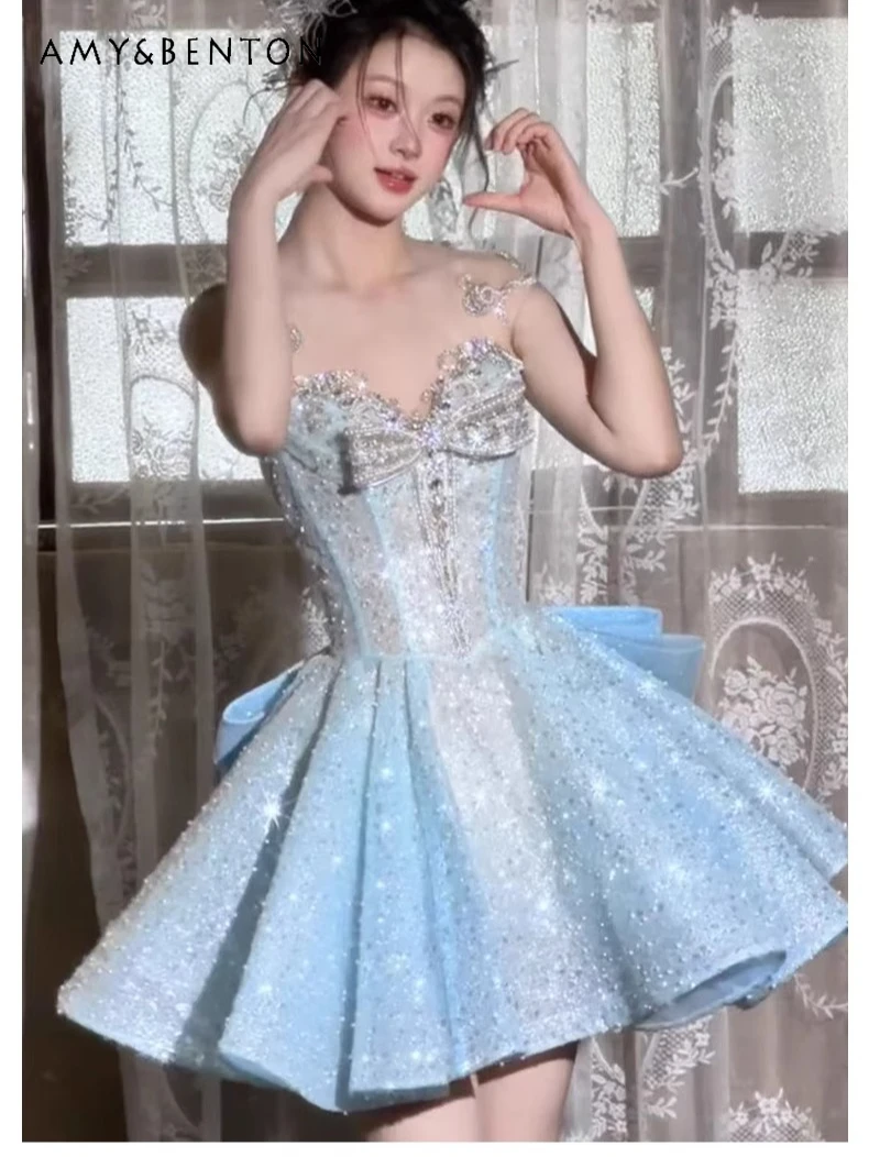 

2025 Summer New Blue Heavy Craft Engagement Short Dress Fairy Style High-End Light Luxury Birthday Party Host Dress