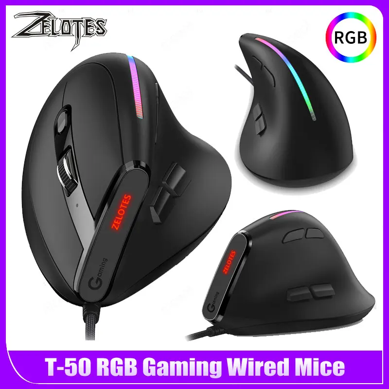 ZELOTES T-50 Wired Vertical RGB Gaming Mouse USB Wired Mice 9 Buttons Ergonomic 12800 DPI Adjustable for Computer PC Gamer