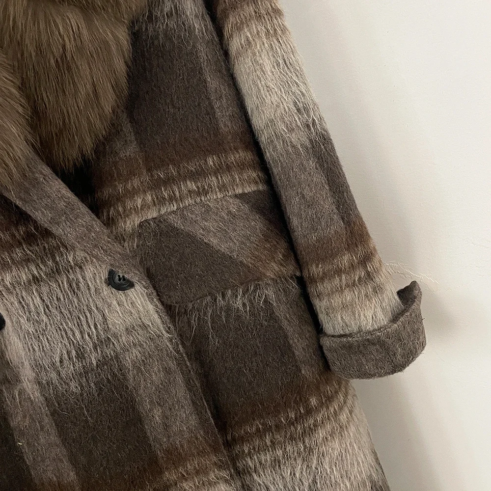 OFTBUY New Warm Winter Outerwear for Female Mid Long 100% Wool Coat Women Real Fox Fur Lapel Collar Vintage Plaid Woolen Jacket