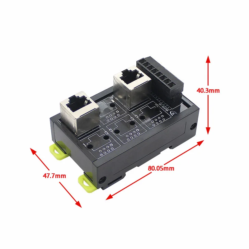 

RJ45 vertical Breakout Board with 2xRJ45 Jacks and 2 *8pins terminal blocks with DIN rail mounting foot and panel mounting foot