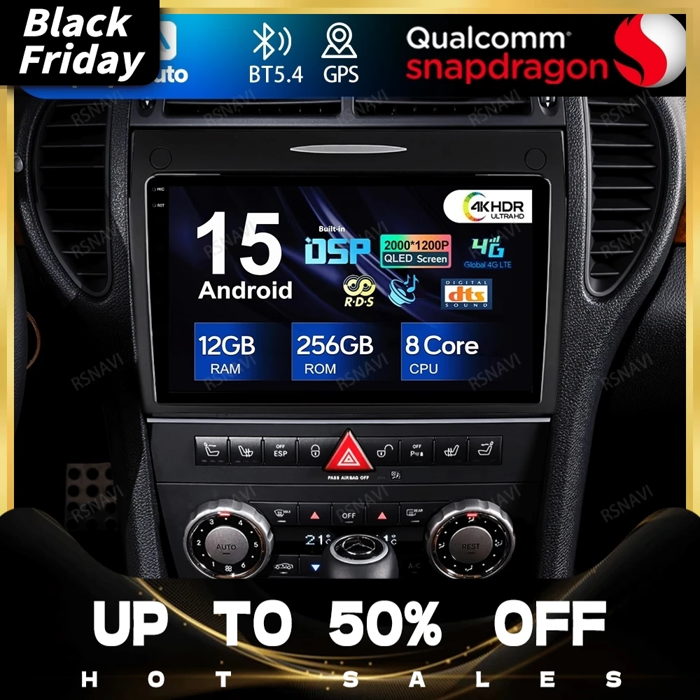 Android 15 For Mercedes-Benz SLK-Class (R171) 2004-2011 Qualcomm 5G WIFI DVD Multimedia Navigation Viedo Player 4G LTE Car Radio