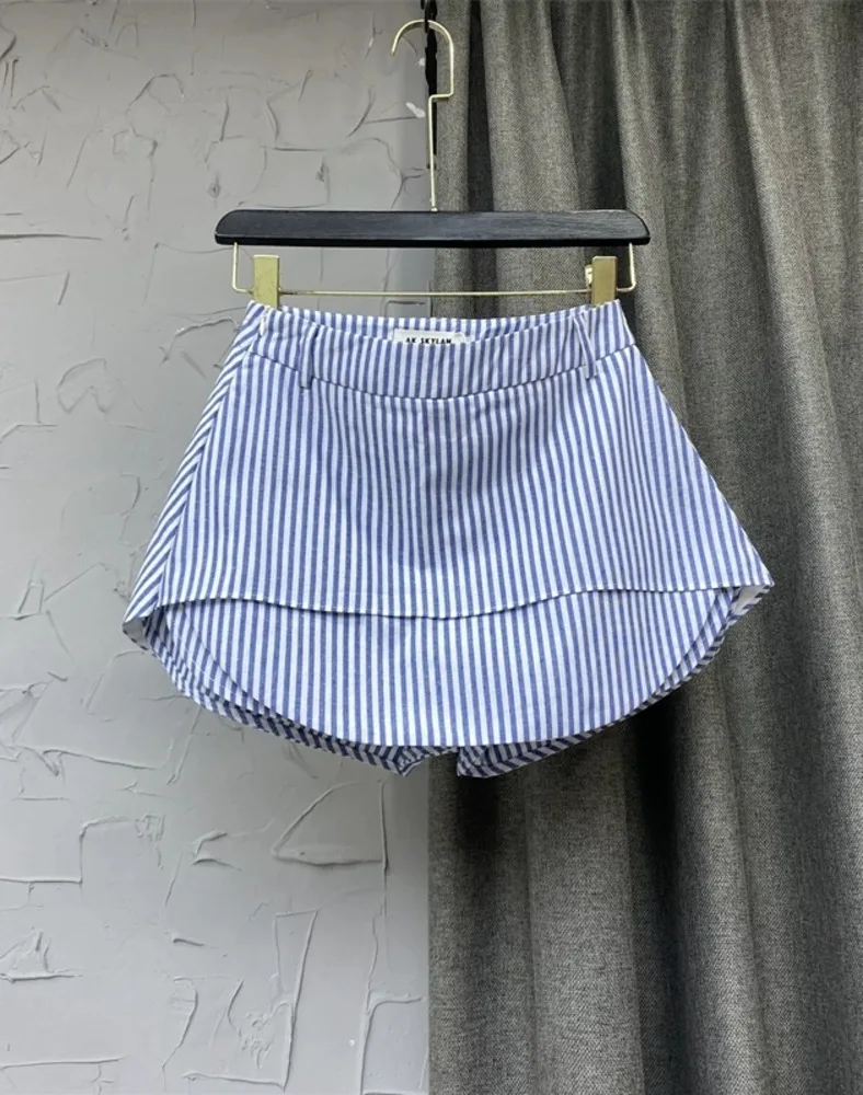 

Fashion Women's Skirt High Waist A-line Irregular Side Zipper Blue Stripes Mini Cotton Skirts Summer 2023 New Tide O302