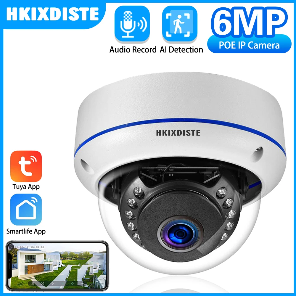 Samrt Life Ultra HD 6MP POE Camera Human Detect Dome Outdoor Audio IP Camera IR NightVision for TUYA POE NVR Surveillance System