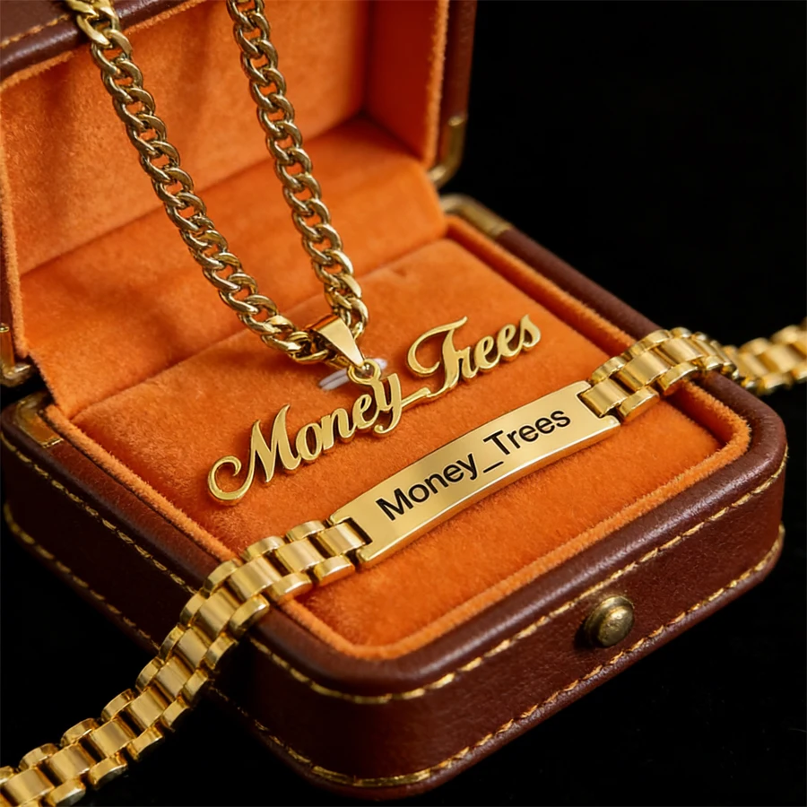 

Acheerup Fashion Custom Name Necklace Bracelet for Women Men Stainless Steel Crown Charms Thick Chain Large Pendant Jewelry Set