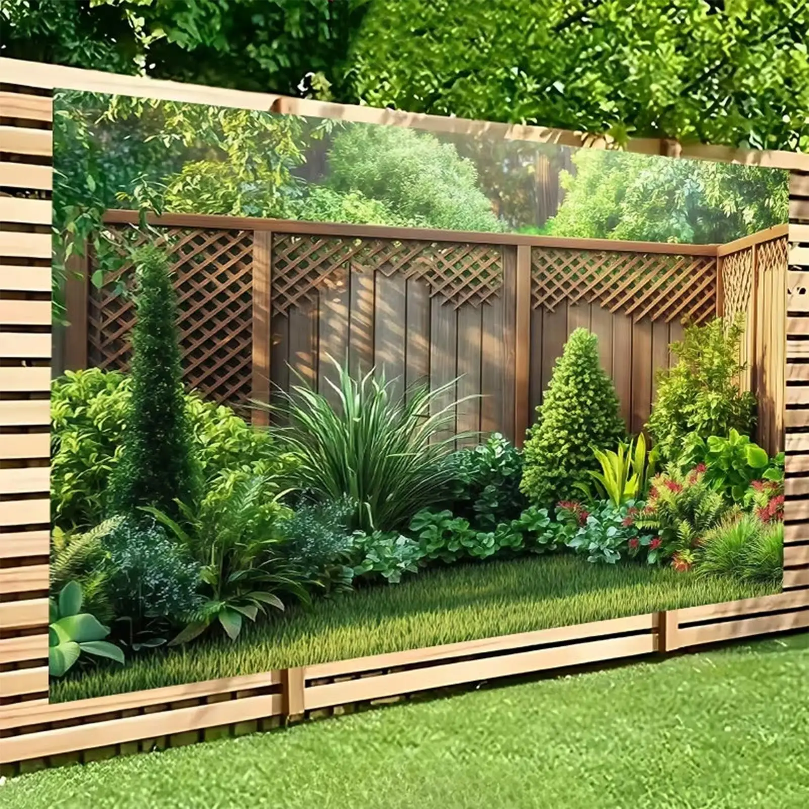 2D Flat Party Banner, Polyester Fiber Photography Background Cloth, Climbing Plant Wooden Fence In Abundance Garden Decoration