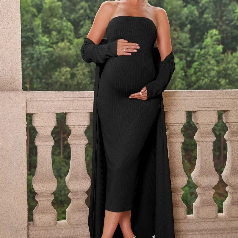 Long Dress Maternity Two-piece Long Coat Bandeau Dress Plus Size Stretch Temperament Commuter Skirt