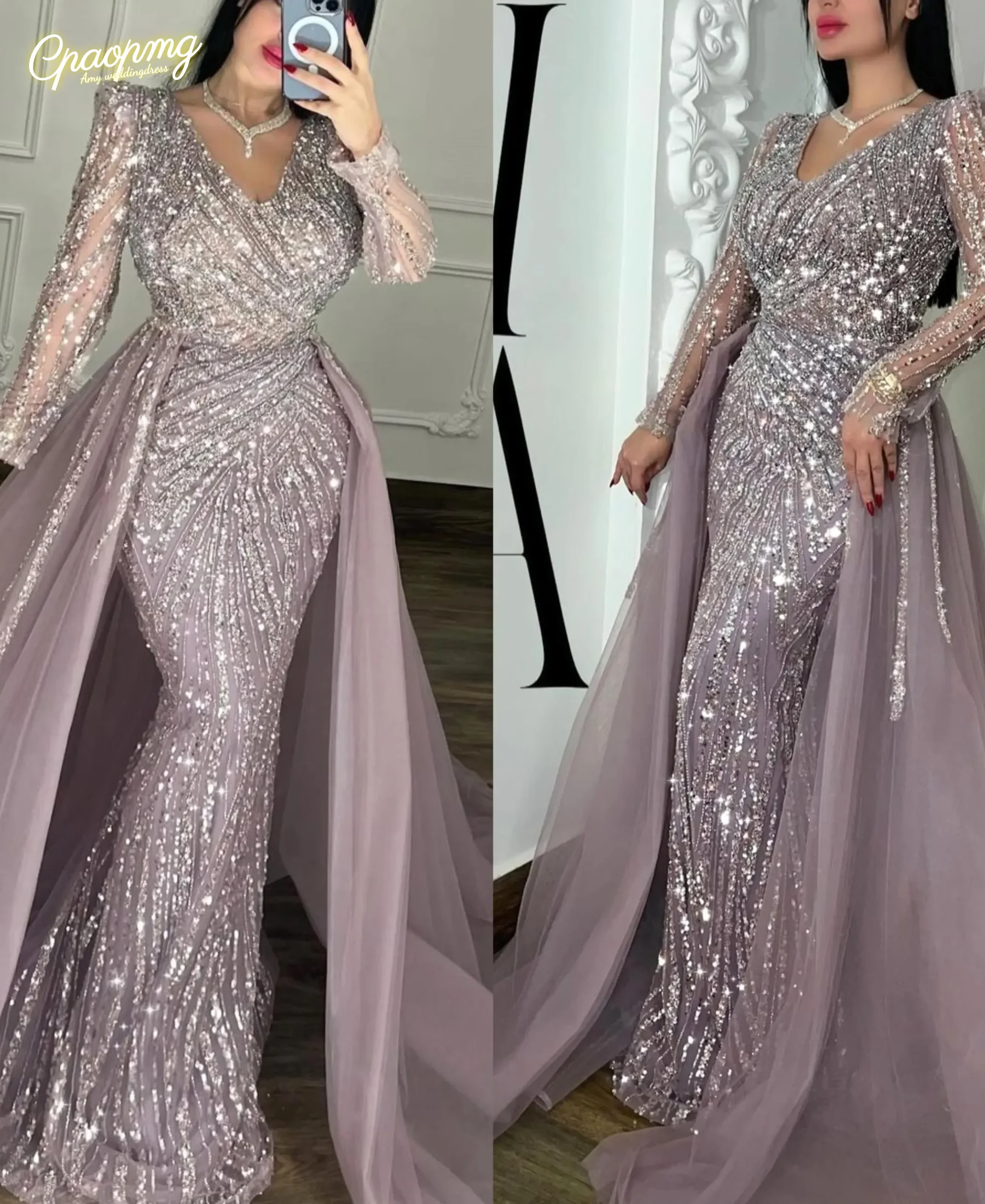 

Customized Luxurious Crystal Mermaid Evening Dress With Train V Neck Long Sleeves Beaded Prom Dress Muslim Formal Dresses