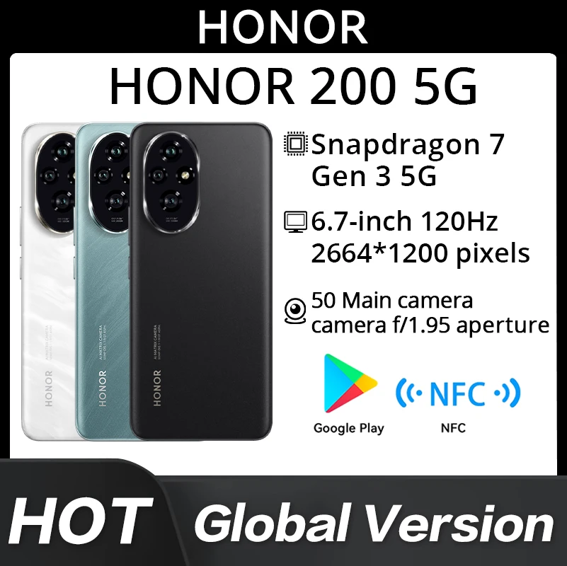 كاميرا Honor 200 5g 2664x1200px 6.7 بوصة 120 هرتز 50 ميجابكسل Snapdragon7 Gen3 NFC 100 وات شحن 5200 مللي أمبير في الساعة