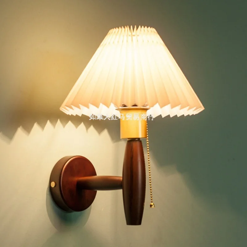 Vintage Copper Bedside Wall Lamp Personality Aisle Corridor Wooden Japanese Pleated Wall Lamp