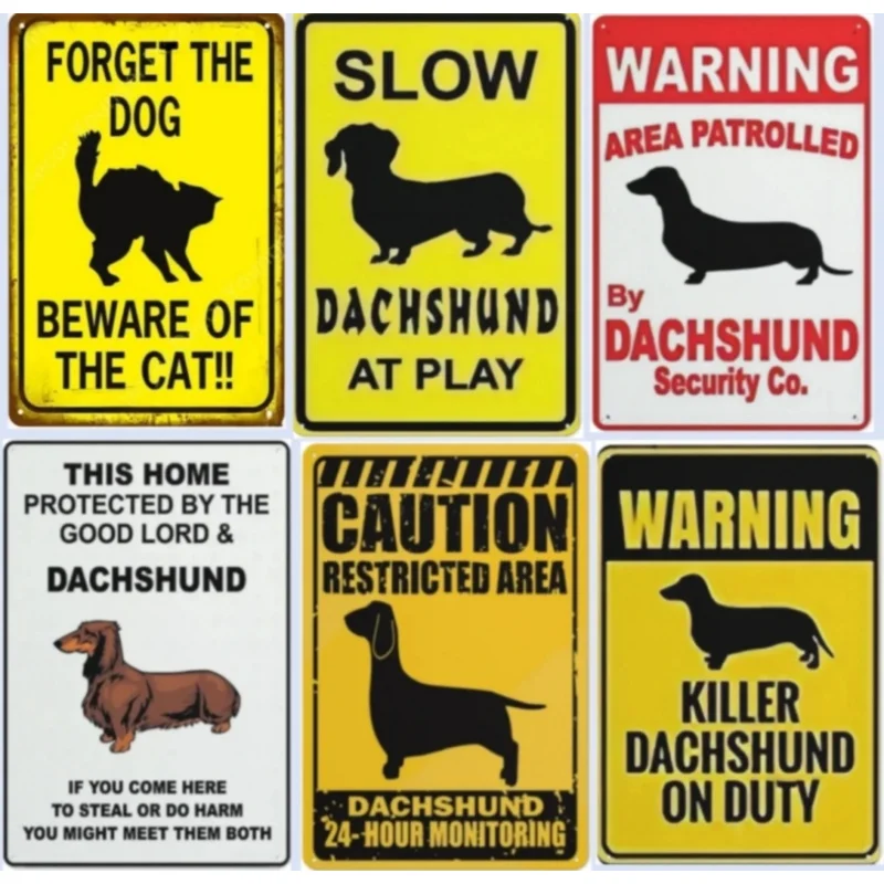 Vintage Decorative Metal Tin Sign Caution Restricted Area Dachshund 24 Hour Monitoring Warning Decorative Metal Plate 8x12 Inch