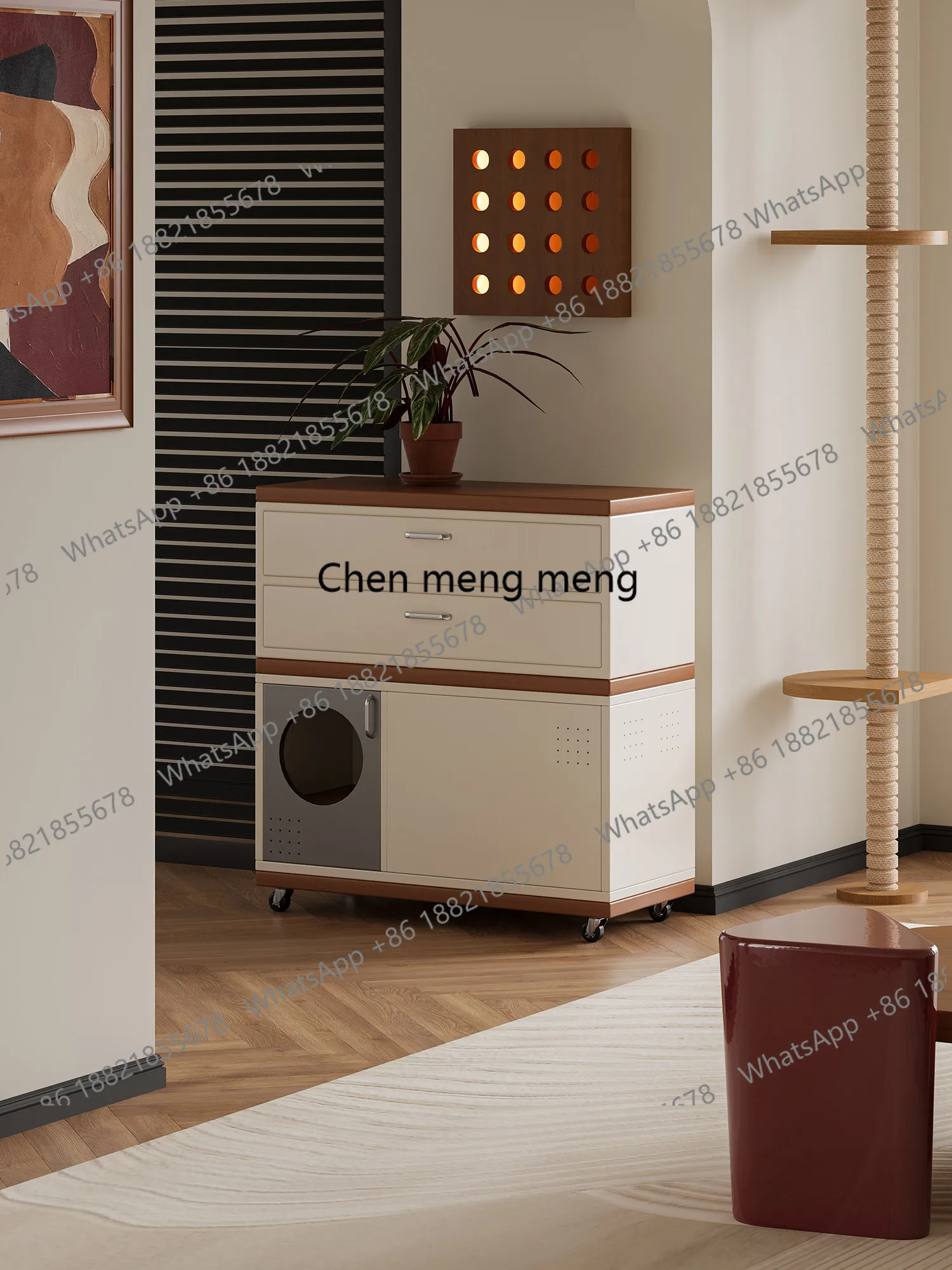 Vintage Style Cat Toilet with Wheels Storage Cabinet Integrated Cat Litter Storage Cabinet