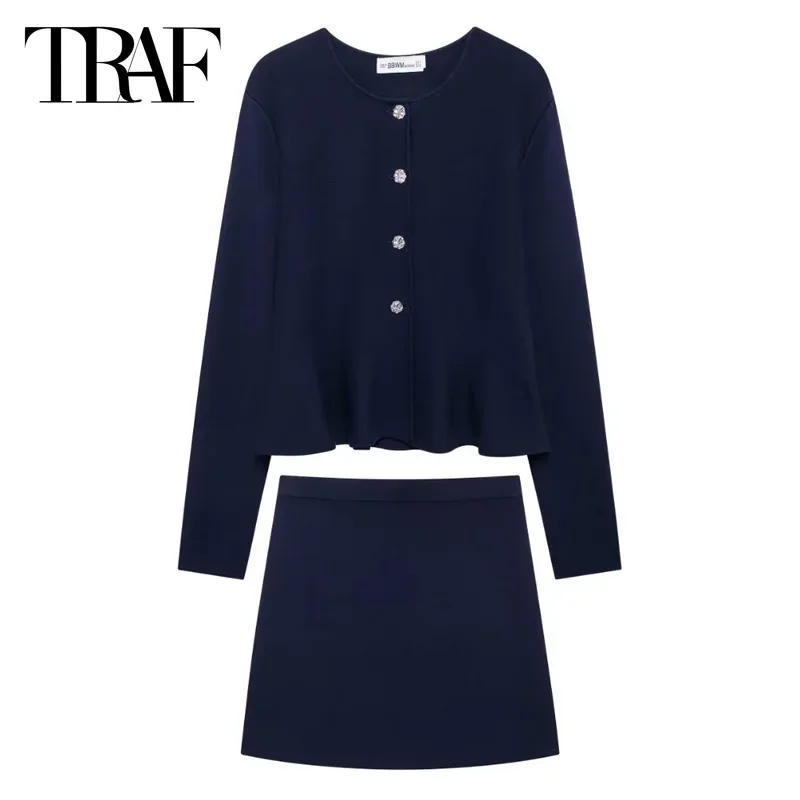 TRAF Women\'s Two Pieces Set Knit Blue Skirt Set Autumn Winter Long Sleeve Cardigan Set Elegant Women\'s Sets High Waist Skirt Set