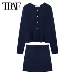 TRAF Women's Two Pieces Set Knit Blue Skirt Set Autumn Winter Long Sleeve Cardigan Set Elegant Women's Sets High Waist Skirt Set