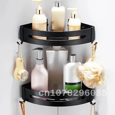 

Black Triangle Towel Storage Rack, Corner Shelves, Wall Shower, Space-saving, Punch-Free, Punching Bath Holder with Hangers