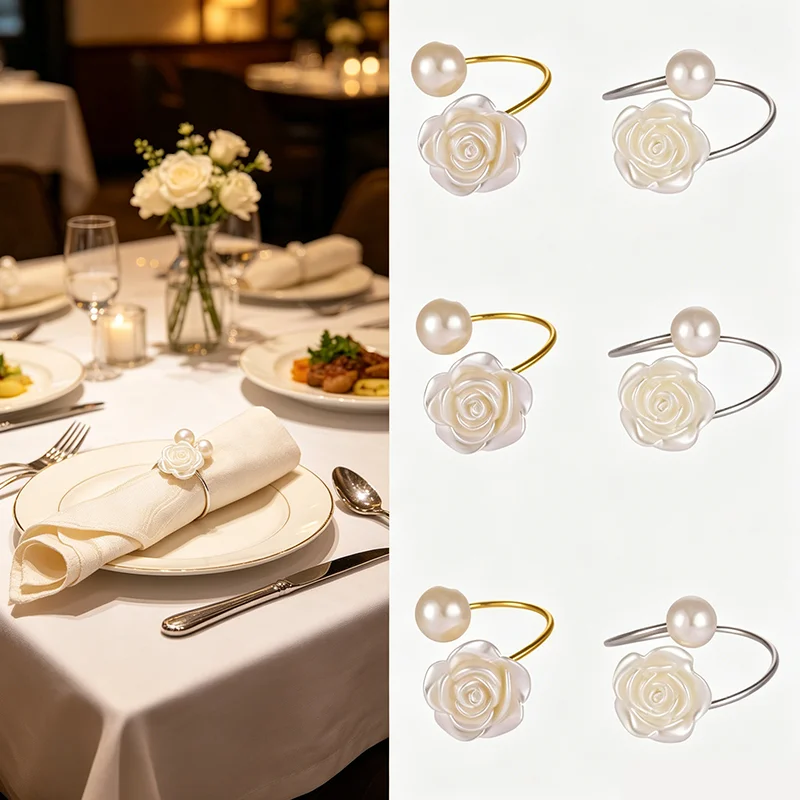 6pcs Rose Imitation Pearl Napkin Rings, Elegant Metal Serviette Holders for Wedding Banquet Dinner Table Decor
