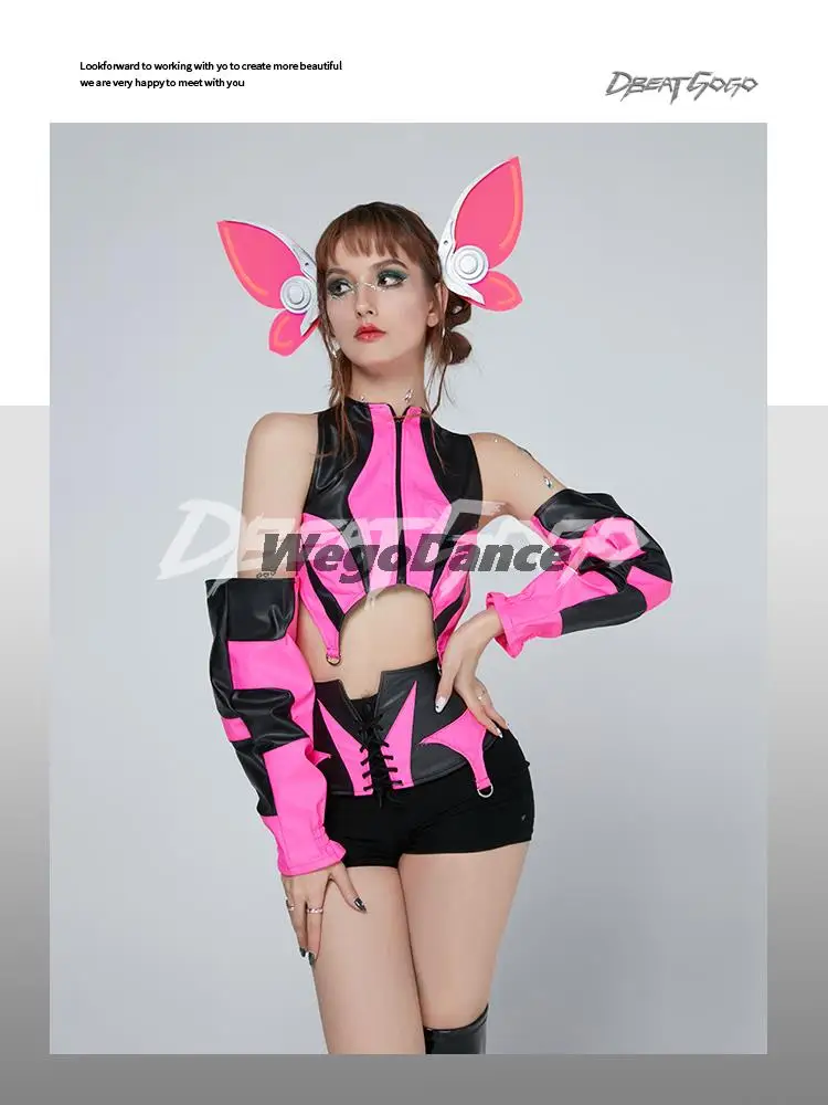 New Sexy Women Fluorescent Rose Red Bar Gogo Performance Suit DJ Suit Ds Sense Technology Costume