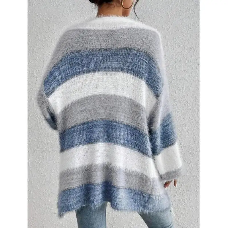 

Z456 Женский длинный свитер в полоску с принтом све Plu, открытый вязаный свитер, большой размер, Ciwalk Ne, деформируемое волокно Coolmax