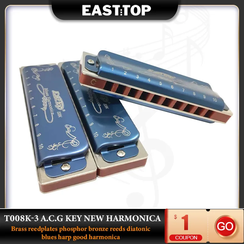 

EASTTOP T008K-3 New Harmonica Brass Reedplates Phosphor Bronze Reeds Diatonic Blues Harp Good Harmonica