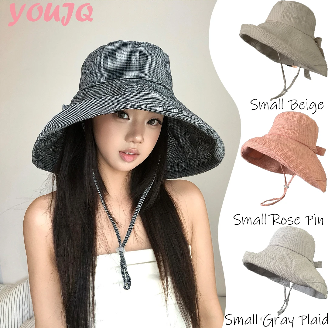 Japanese Houndstooth Bow Foldable Bucket Hats for Women Men Summer Panama Wide Brimmed Sunscreen Beach Outdoor Fisherman Cap
