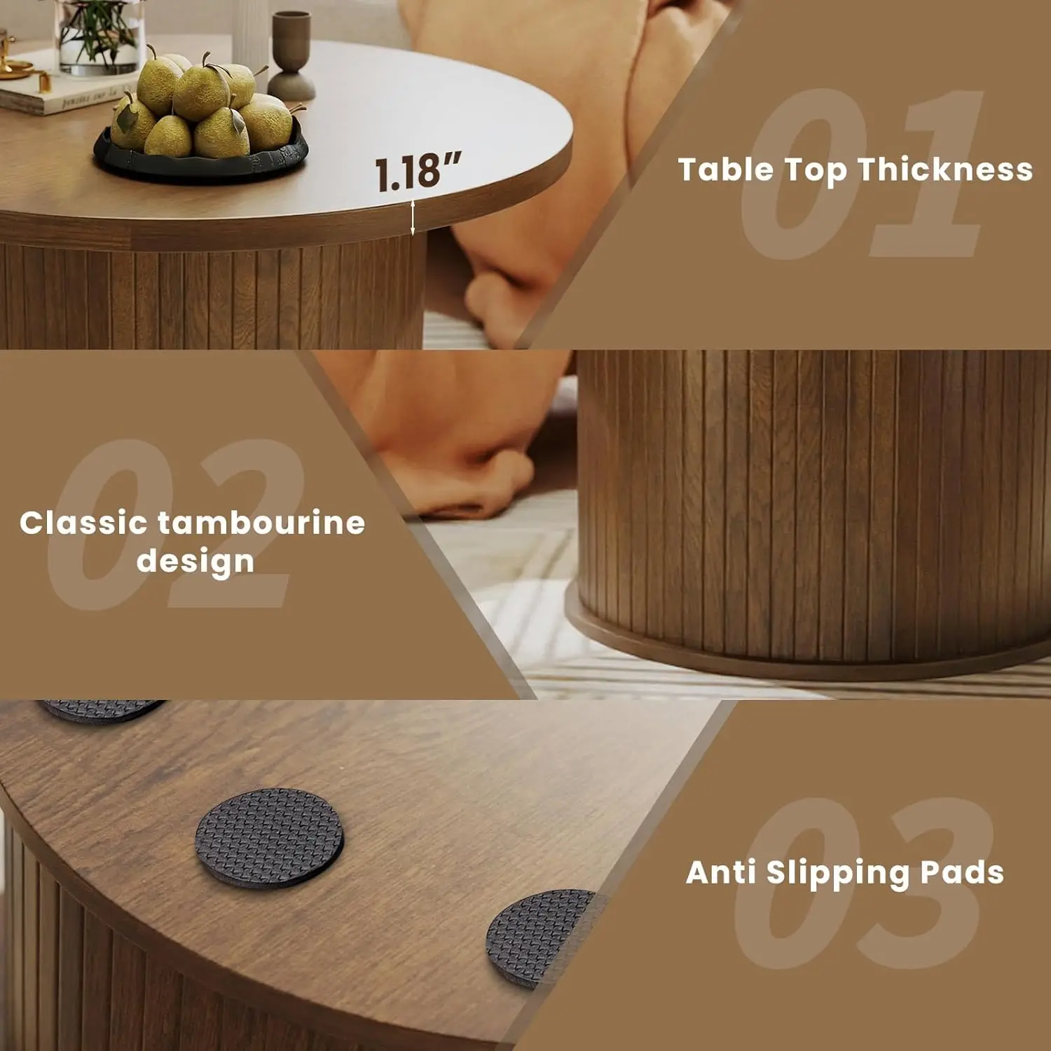 31.5 Inch Fluted Coffee Table, Mid Century Modern Round Coffee Table, Center Table With Sliding Door And Wood Flute