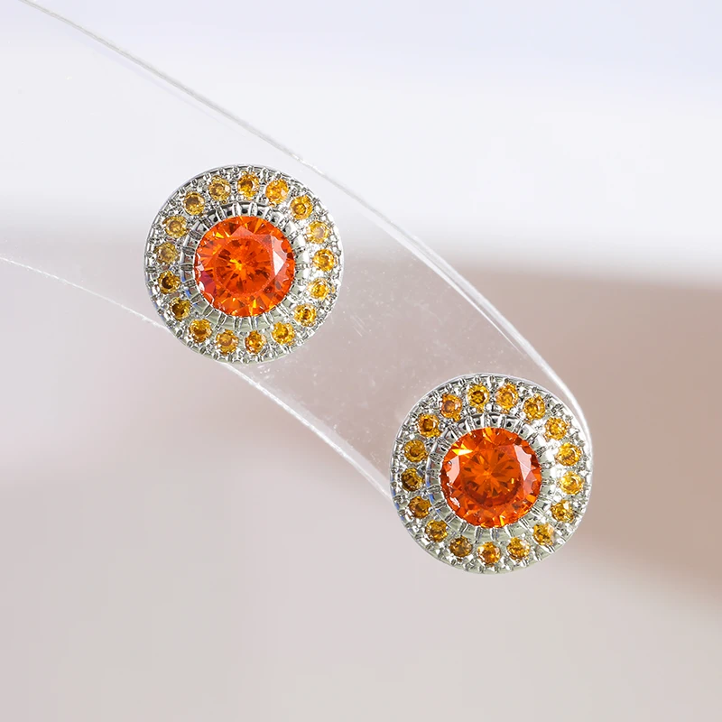 Fashion Orange Small Round Stud Earrings Women with Shiny Cubic Zirconia Simple Versatile Accessories for Teens Jewelry Gifts