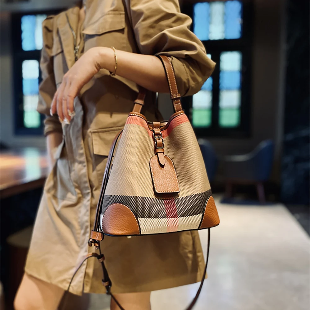 Luxury Plaid Canvas Leather Women‘S Bag Fashion Large Capacity Business Lady Bucket Shoulder Bag Female Drawstring Handbag