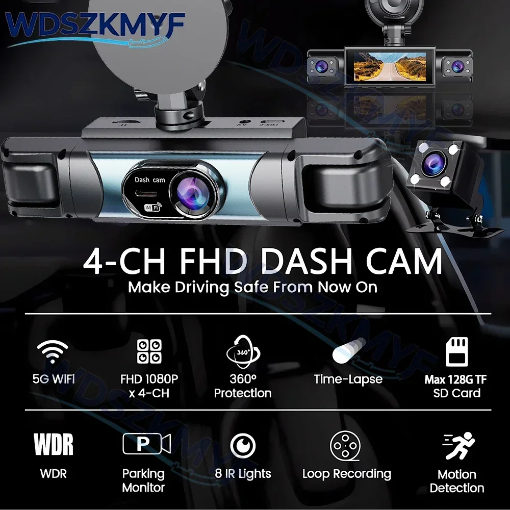 New 4CH Dash Cam Car DVR WiFi HD 1080P Video Recorder 3/4 Channel Front Rear View cam Night Vision Black Box For Vehicle Safty