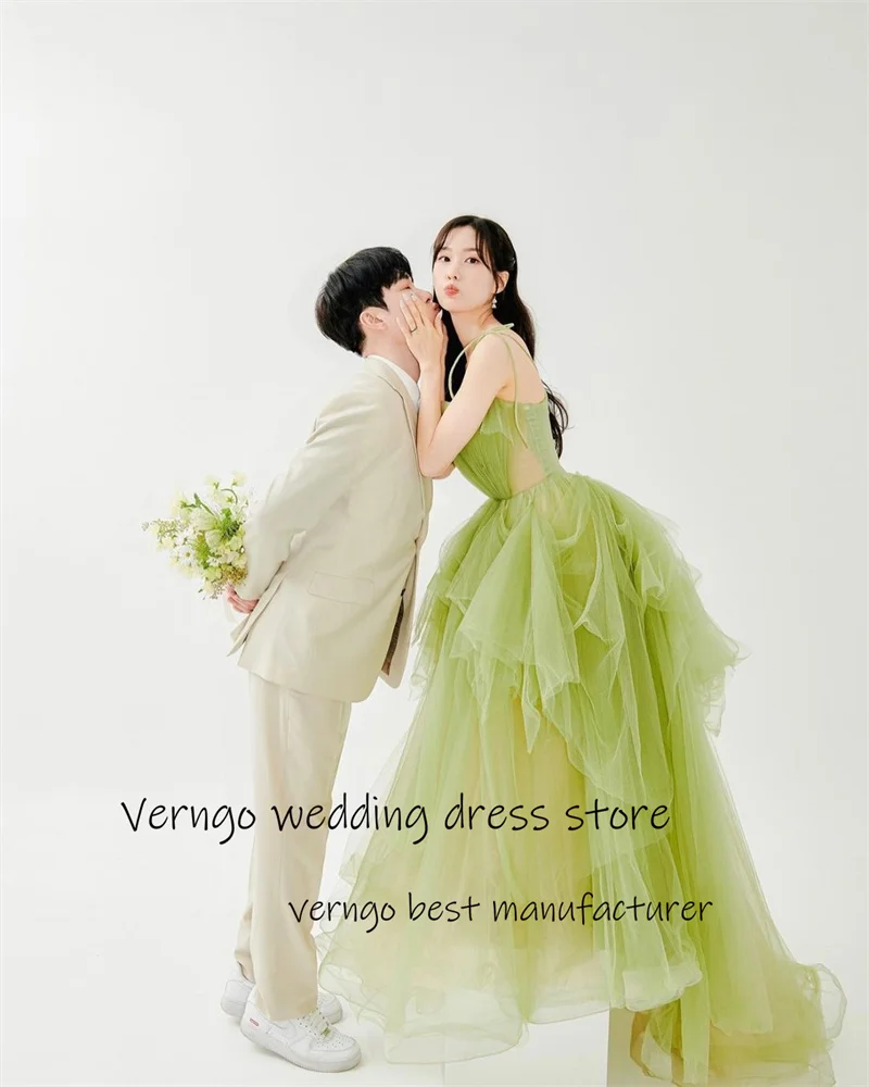 Verngo dolce principessa verde chiaro Tulle abiti da ballo cinghie corea donne vestito da partito volant abiti da sera formale sposa Graden